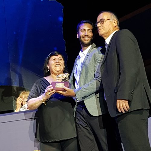 My parents, Yossef and Mazal, receiving the Moskowitz prize for Zionism and leadership on the stage of International Convention Center.